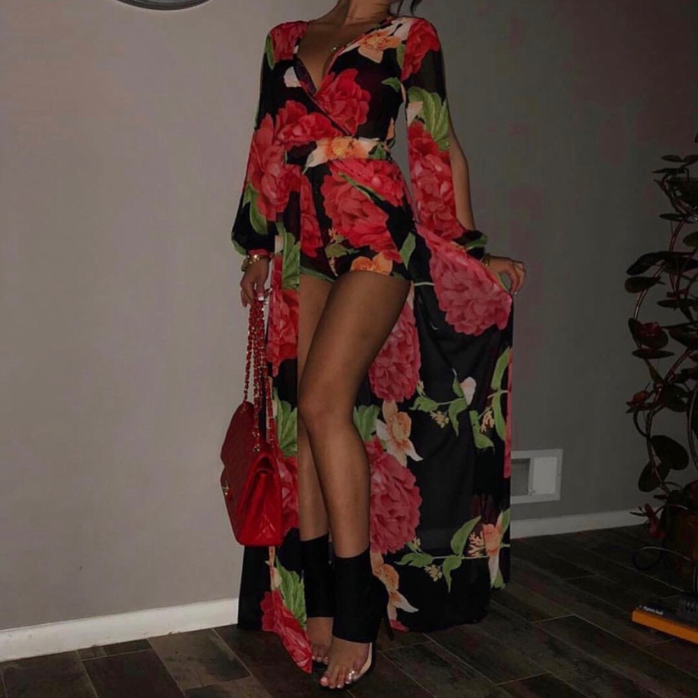 Stunning red floral maxi shorts club party dress